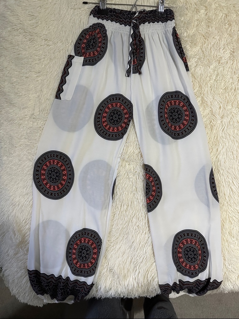White Boho Harem Pants with Black & Rust Medallion Print